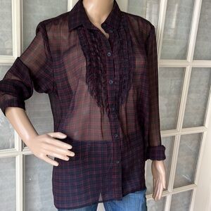 American Eagle purple/pink favorite fit plaid sheer button down ruffle top